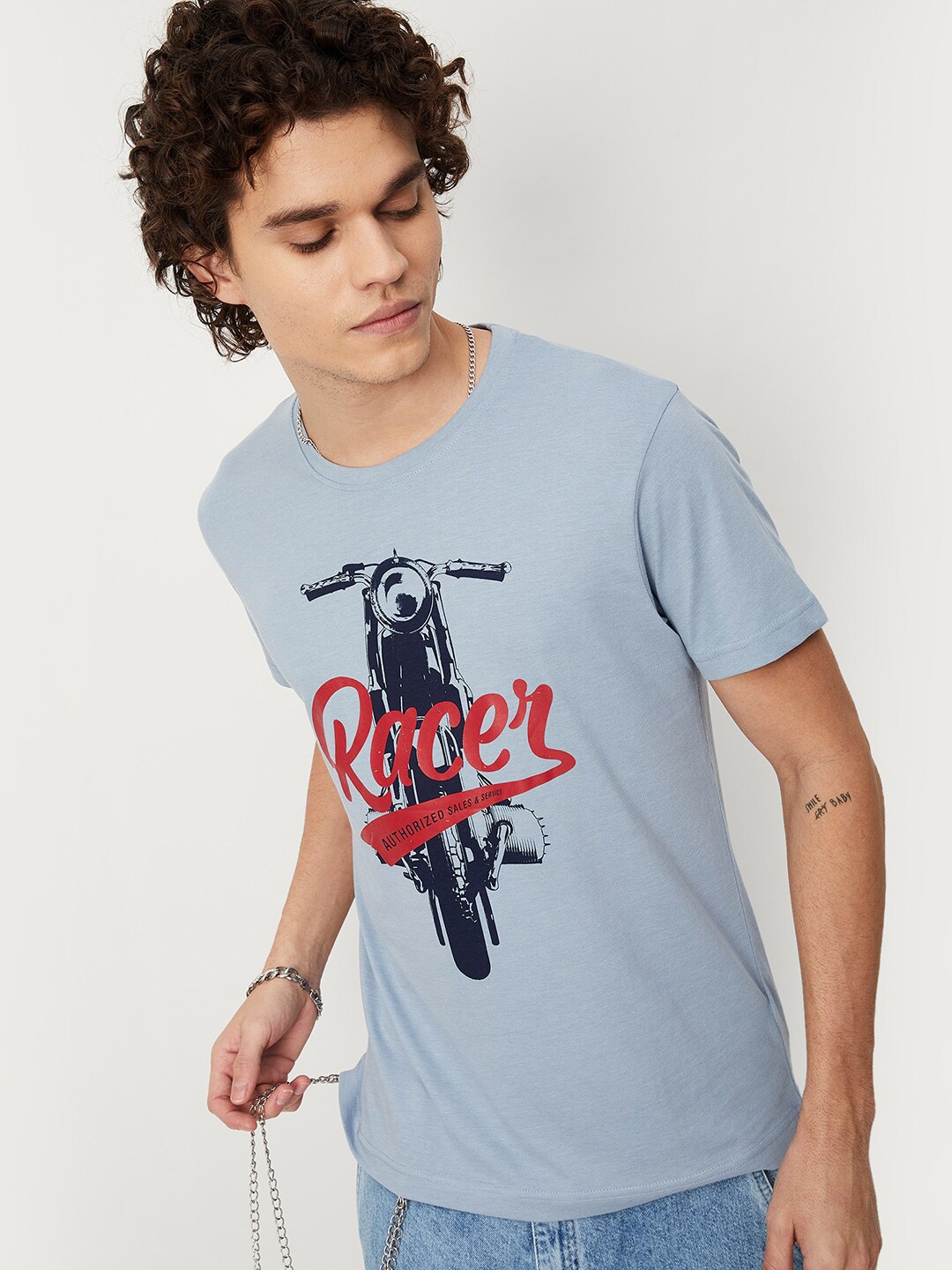 max Men Graphic Printed Pure Cotton T-shirt, Blue