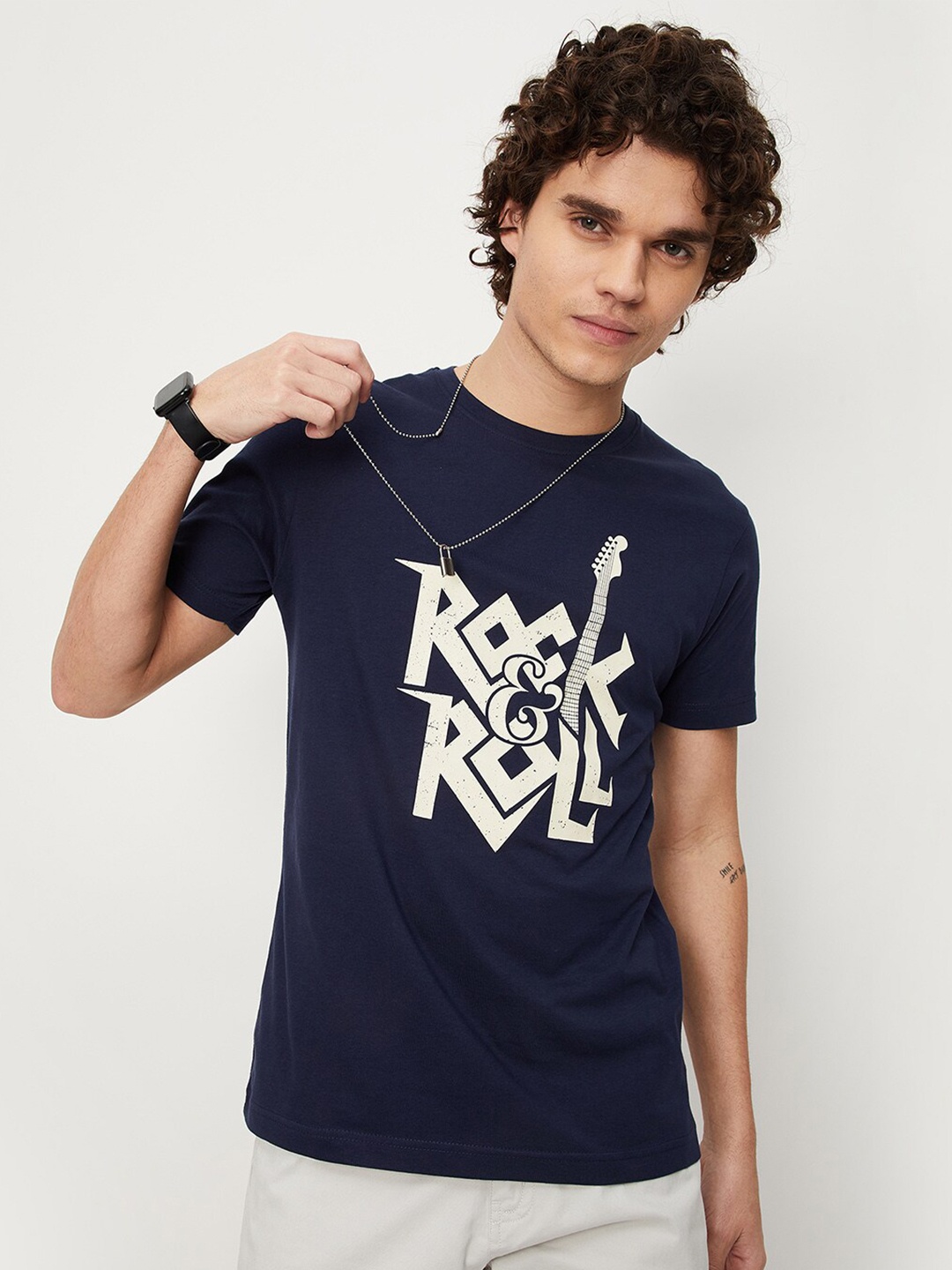 

max Typography Printed Pure Cotton T-shirt, Navy blue