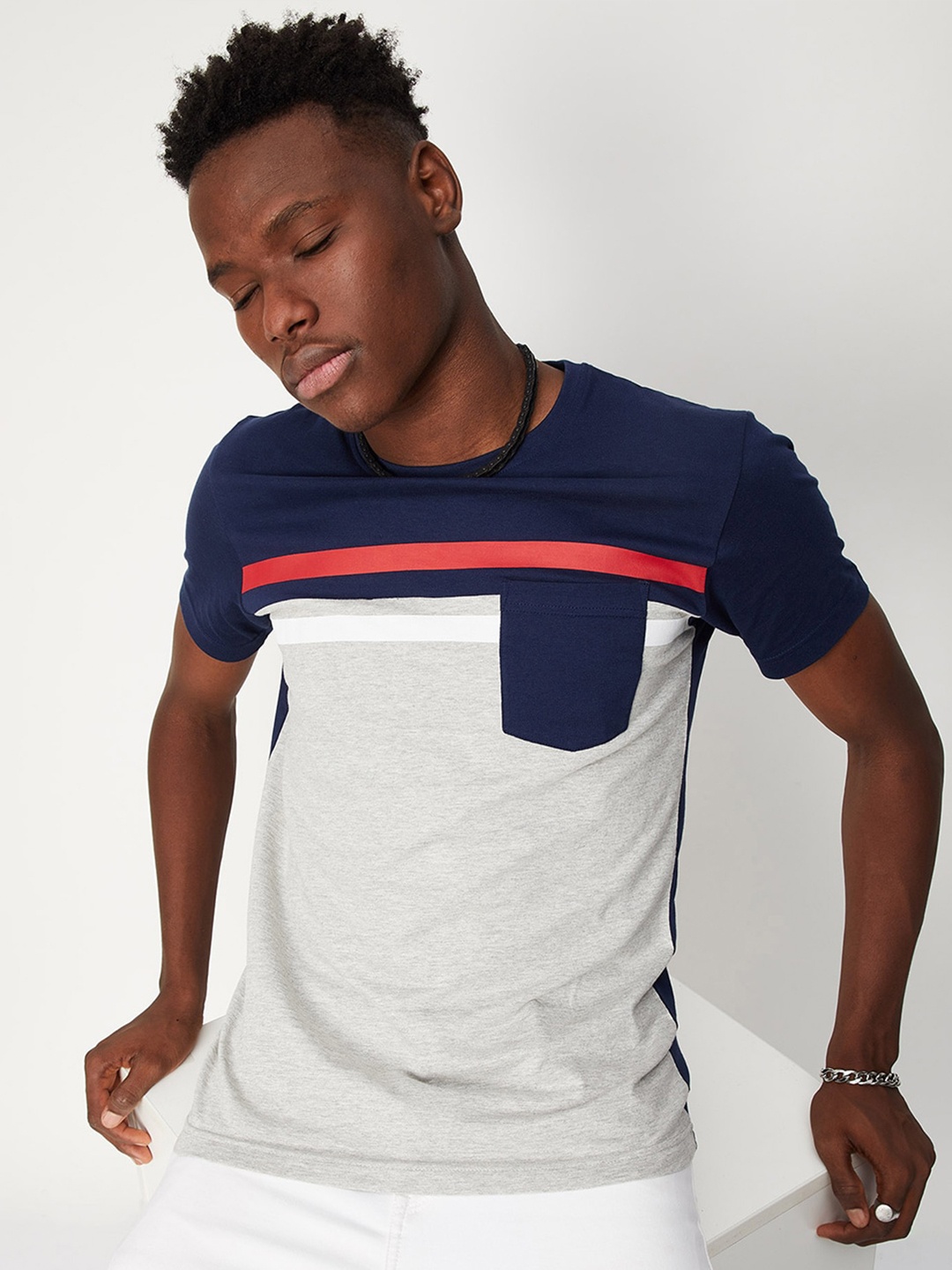 

max Colourblocked Pure Cotton Slim Fit T-shirt, Navy blue