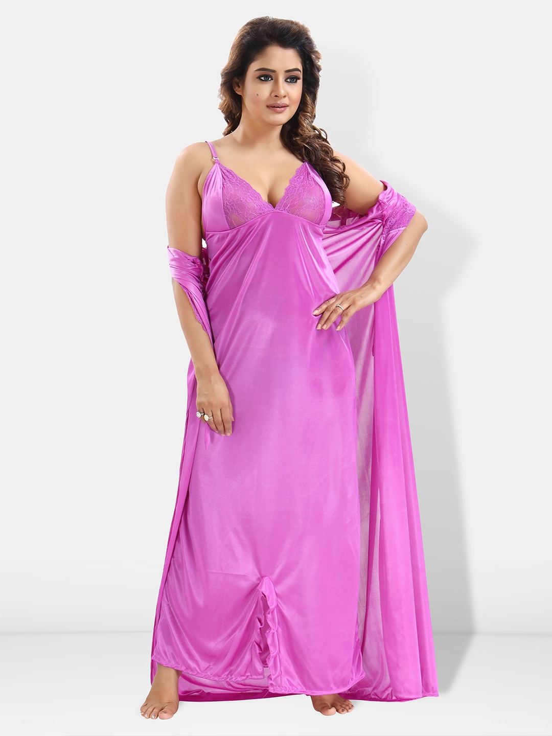 

Be You 6 Pieces Satin Maxi Nightdress Set With Robe And Lingerie Set, Lavender