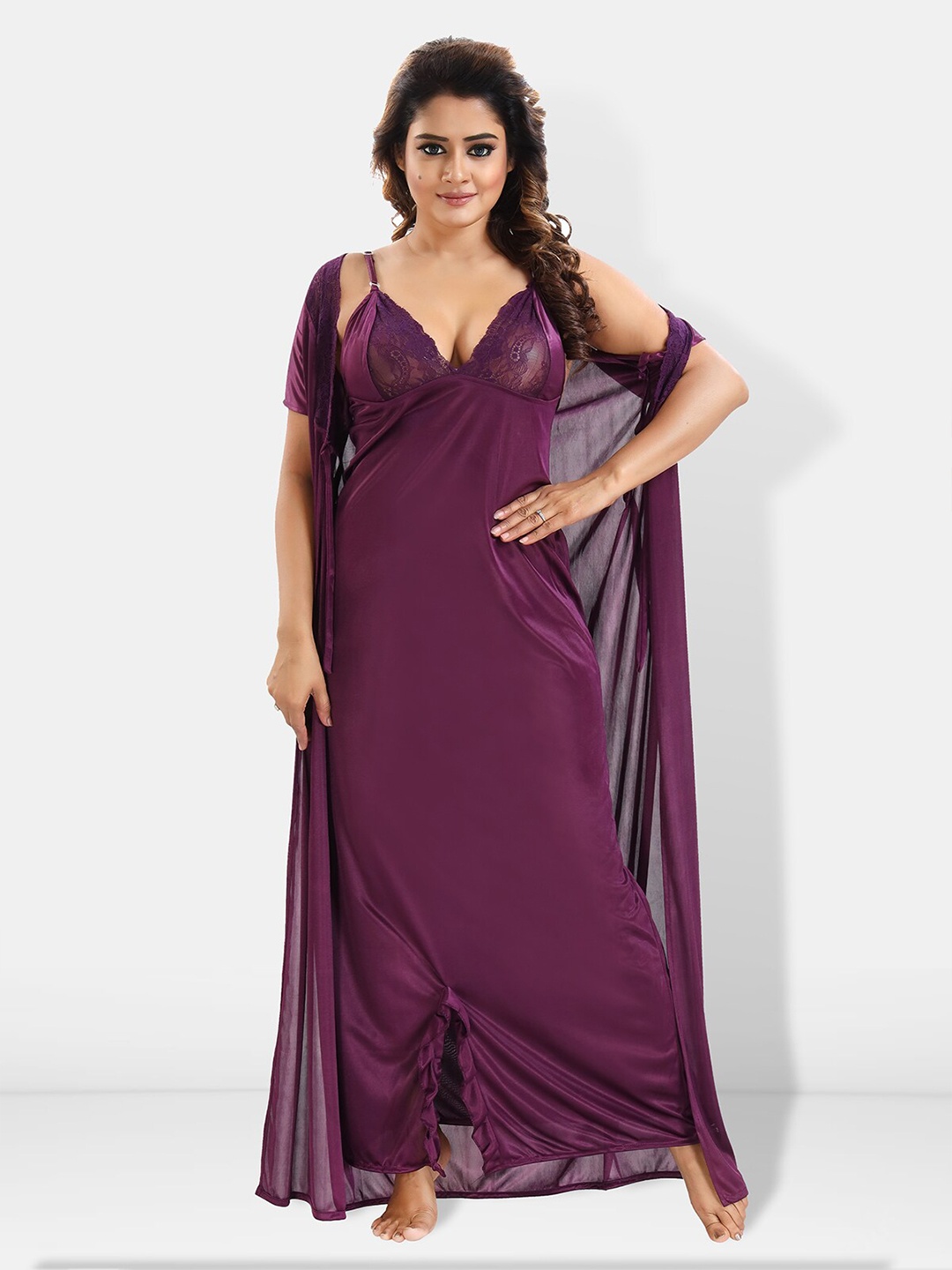 

Be You 6 Pieces Satin Maxi Nightdress Set With Robe And Lingerie Set, Violet