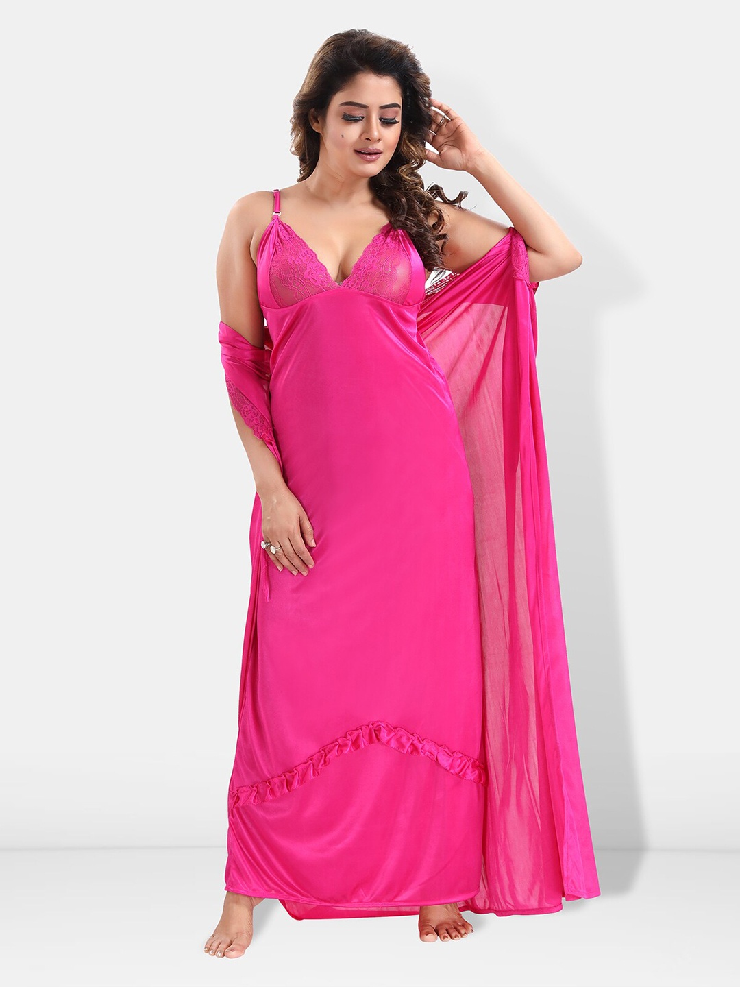 

Be You 6 Pieces Satin Maxi Nightdress Set With Robe And Lingerie Set, Pink