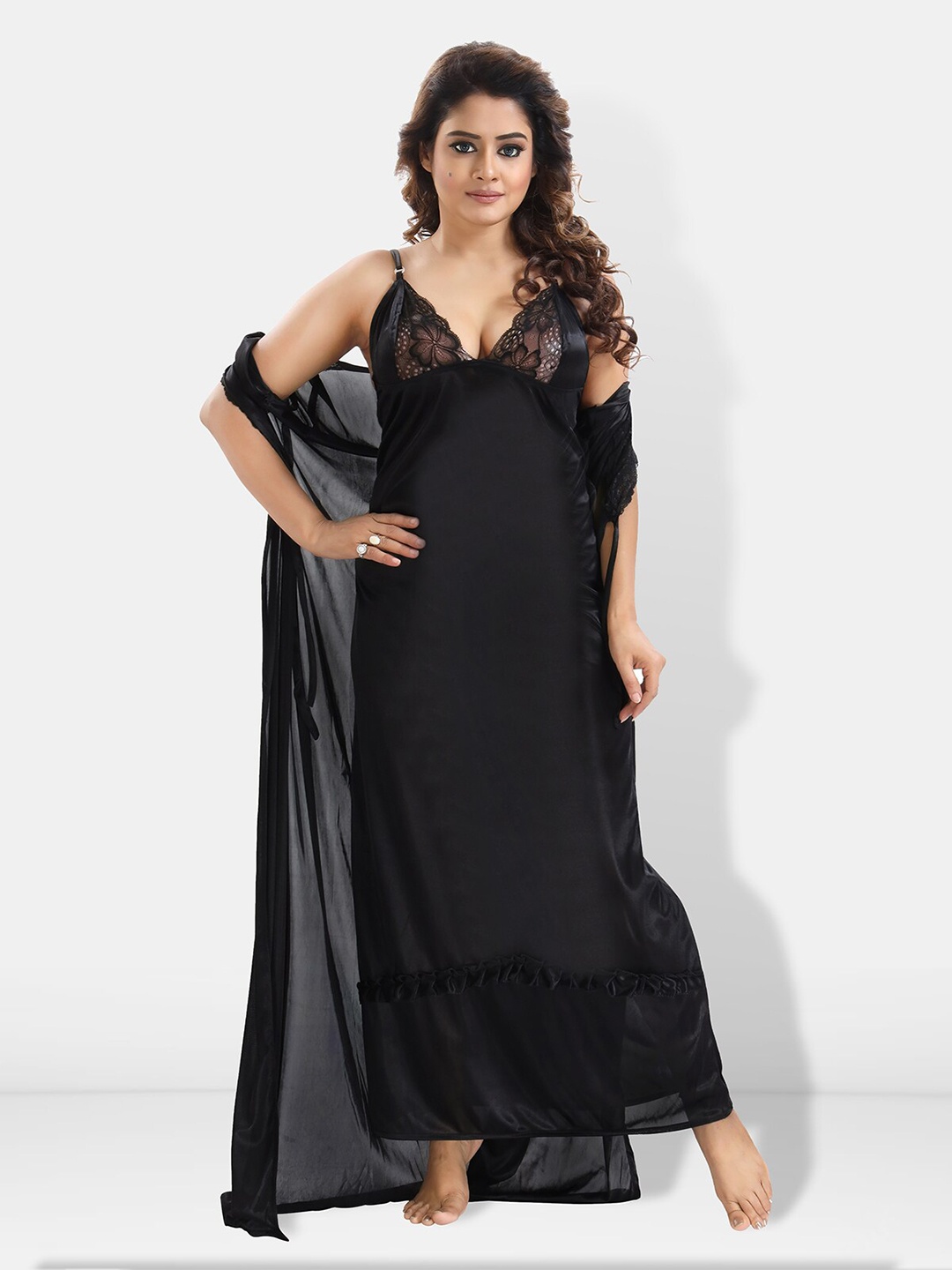 

Be You 6 Pieces Satin Maxi Nightdress Set With Robe And Lingerie Set, Black