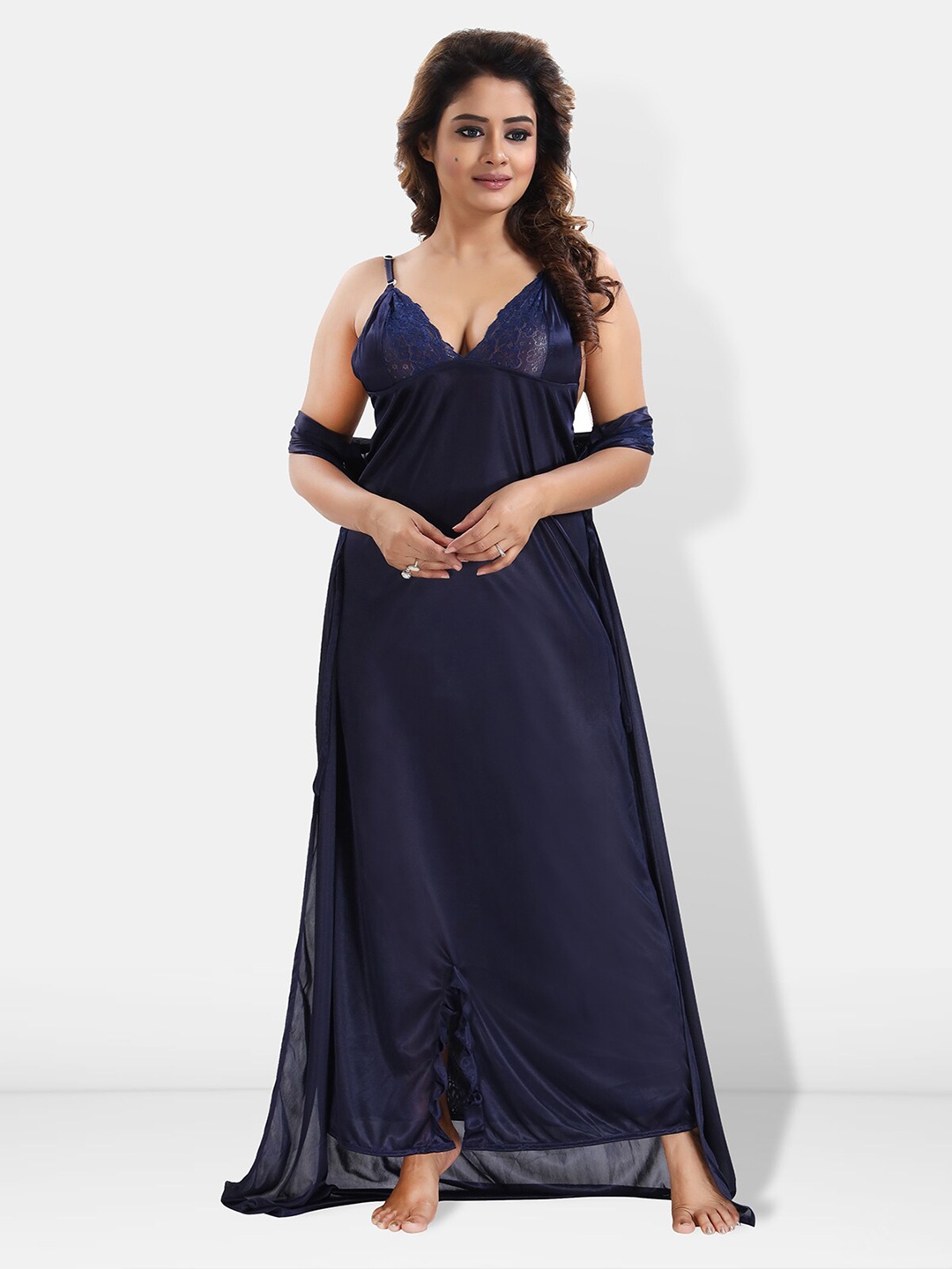 

Be You 6 Pieces Satin Maxi Nightdress Set With Robe And Lingerie Set, Navy blue