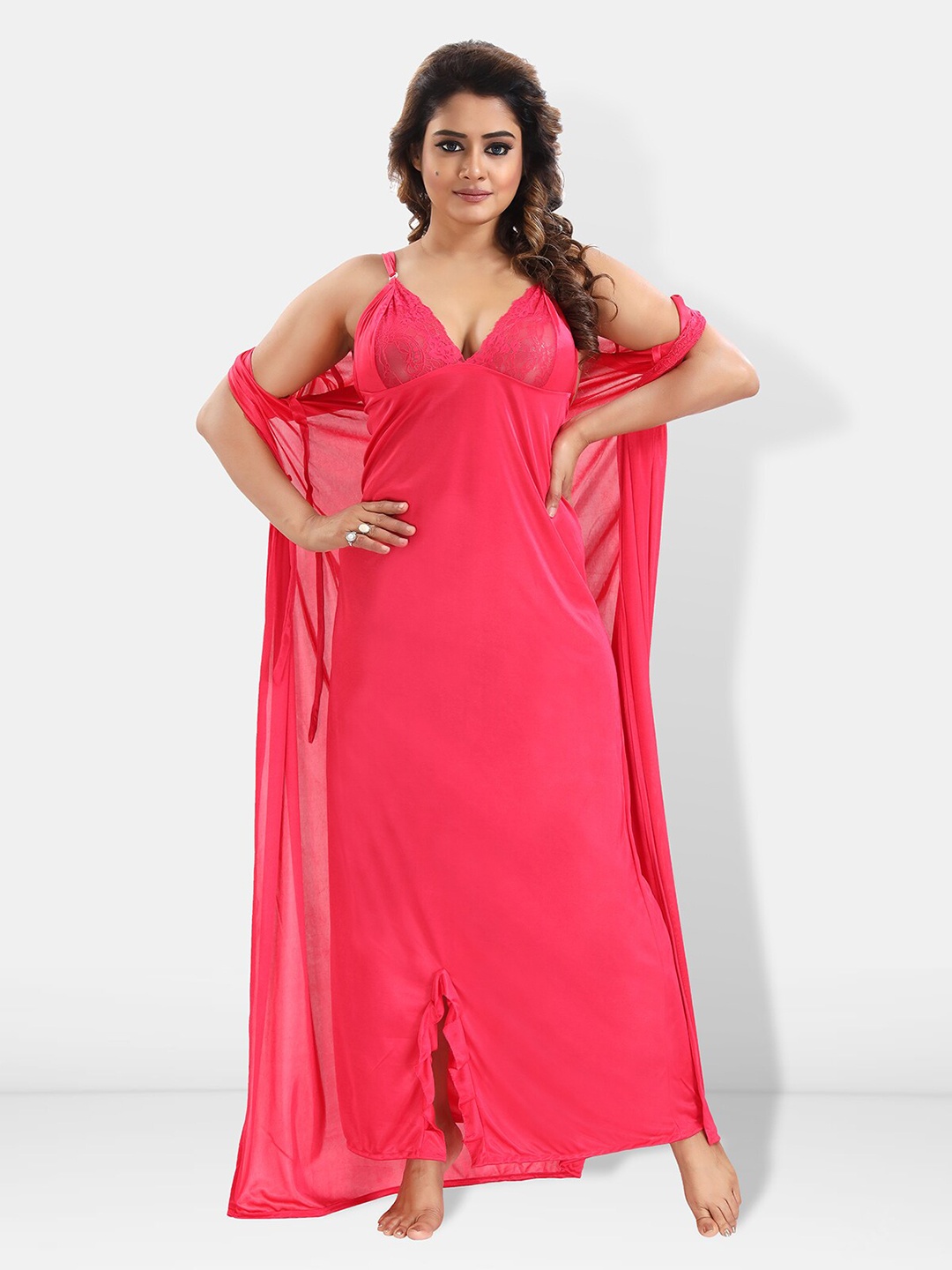 

Be You 6 Pieces Satin Maxi Nightdress Set With Robe And Lingerie Set, Pink