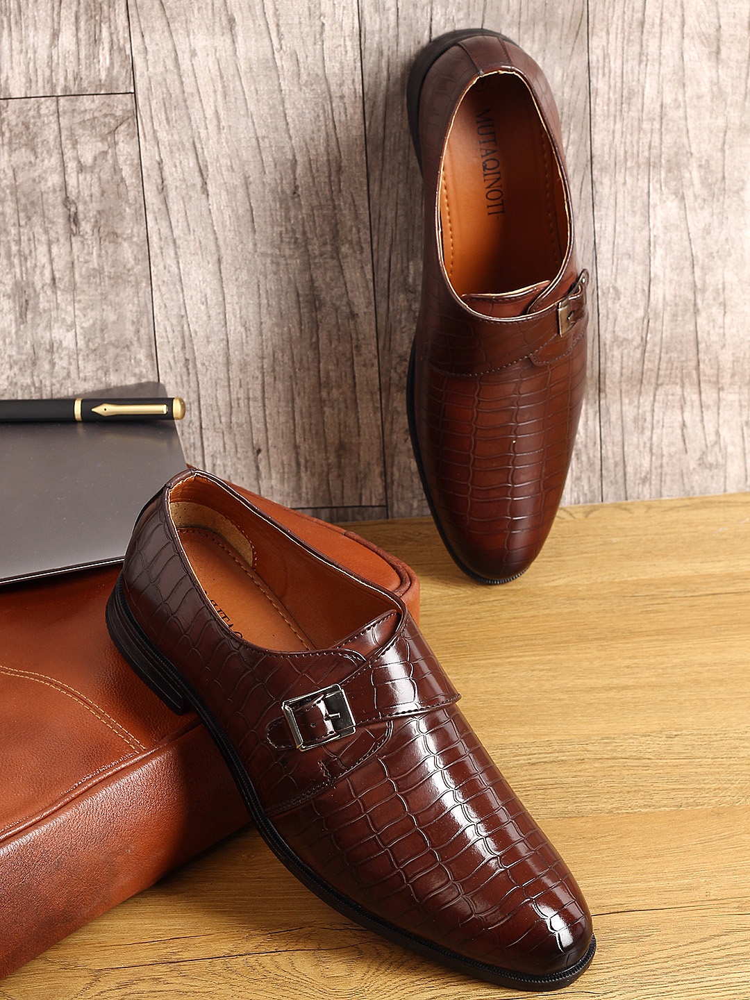 

MUTAQINOTI Men Textured Patent Leather Monks, Brown