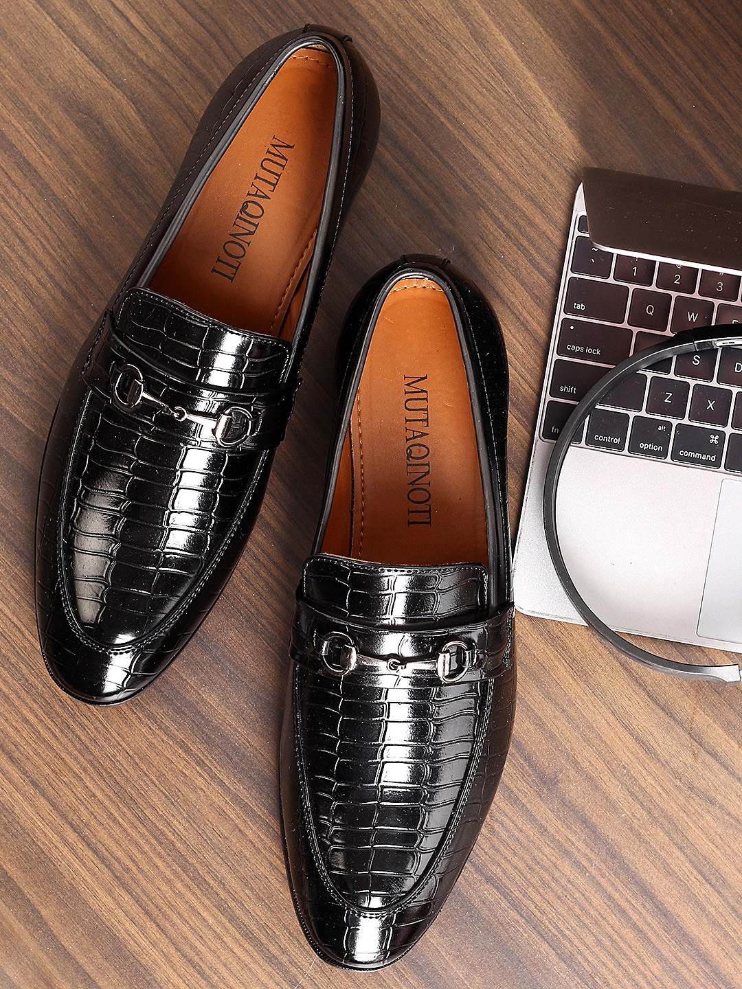

MUTAQINOTI Men Textured Lightweight Horsebit Loafers, Black