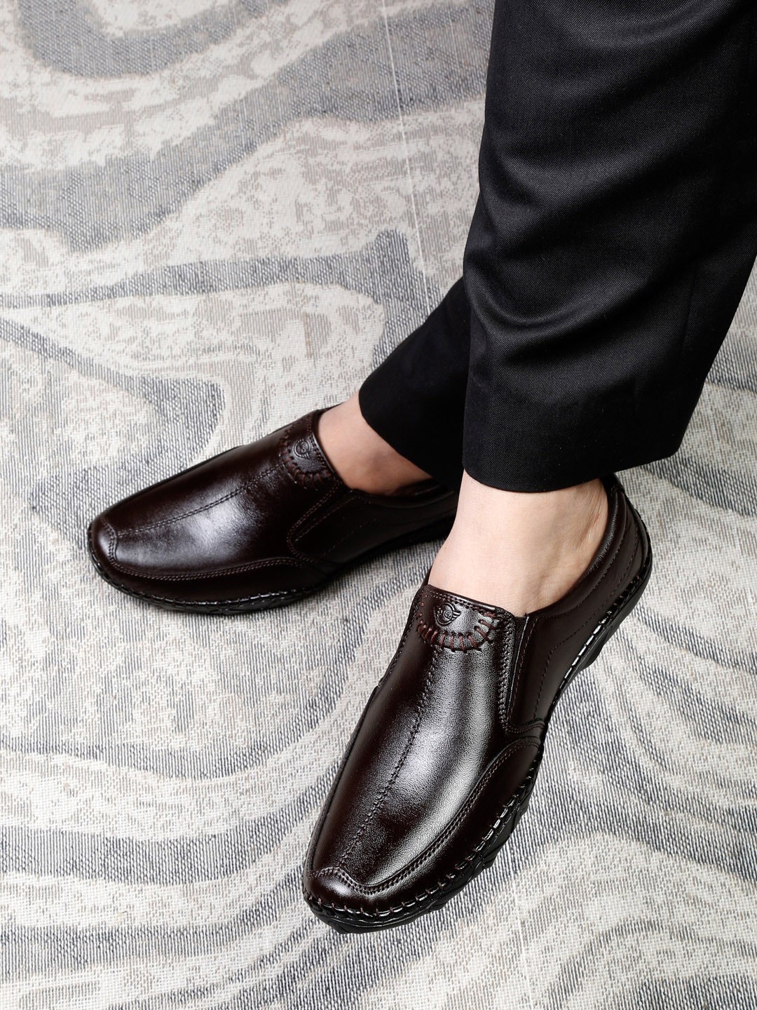 

MUTAQINOTI Men Textured Leather Formal Slip on Shoes, Brown