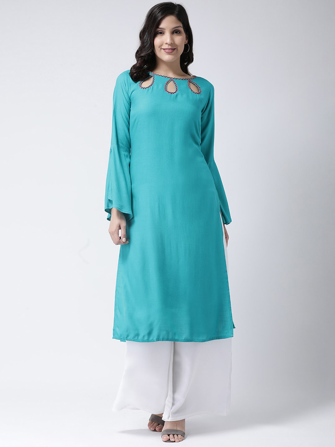 

Charitra Bell Sleeves Thread Work Kurta with Palazzos, Turquoise blue