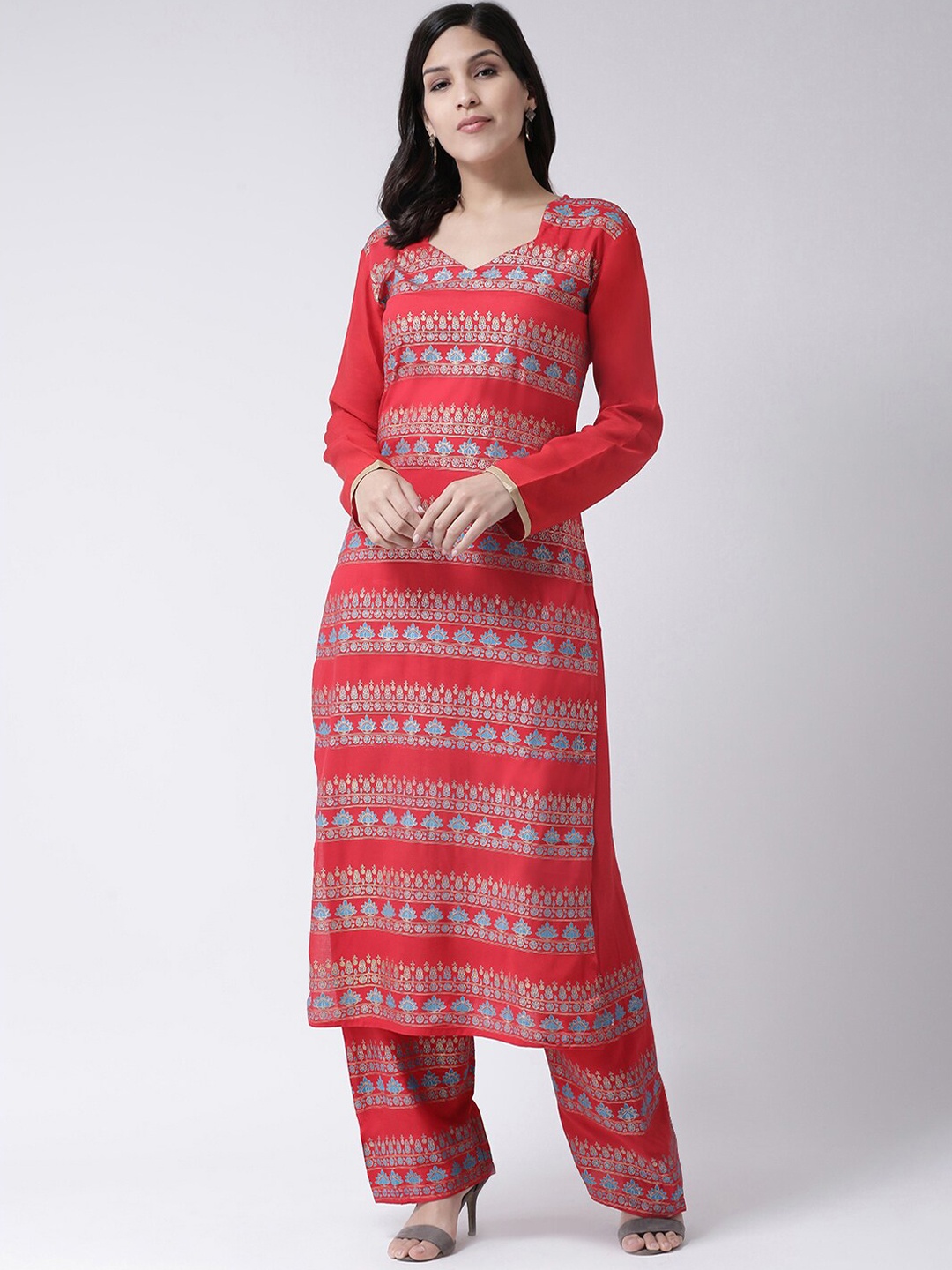 

Charitra Square Neck Ethnic Motifs Printed Kurta With Palazzos, Red