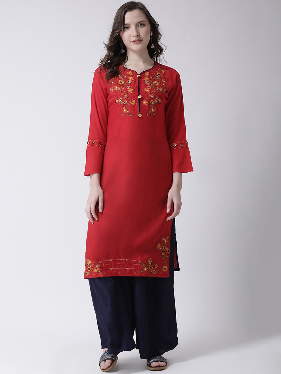 

Charitra Floral Embroidered Mirror Work Kurti with Palazzos, Red