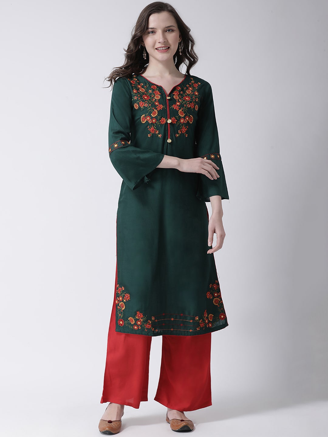 

Charitra Floral Embroidered Notch Neck Kurta with Palazzos, Green