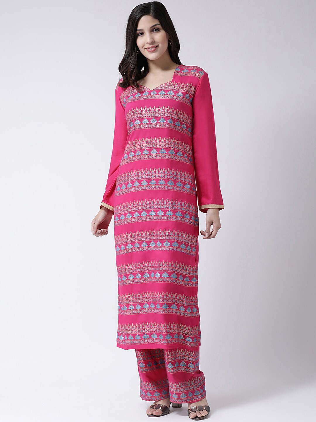 

Charitra Ethnic Motifs Printed Sweetheart Neck Kurta with Palazzos, Pink