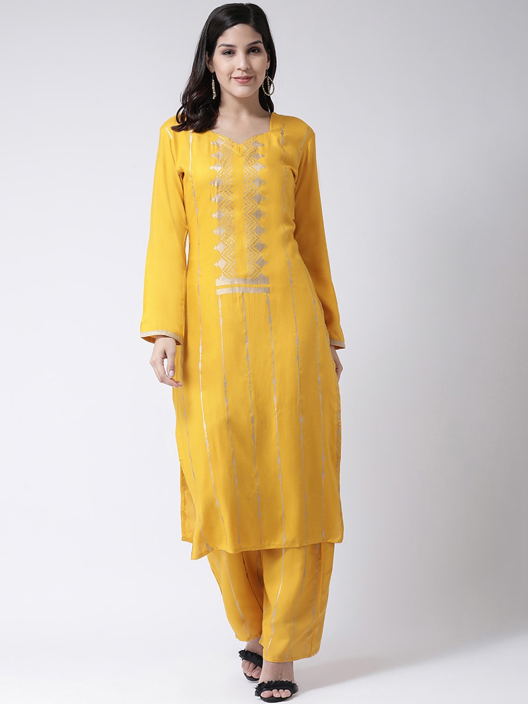

Charitra Ethnic Motif Printed Sweetheart Neck Kurta with Palazzos, Mustard