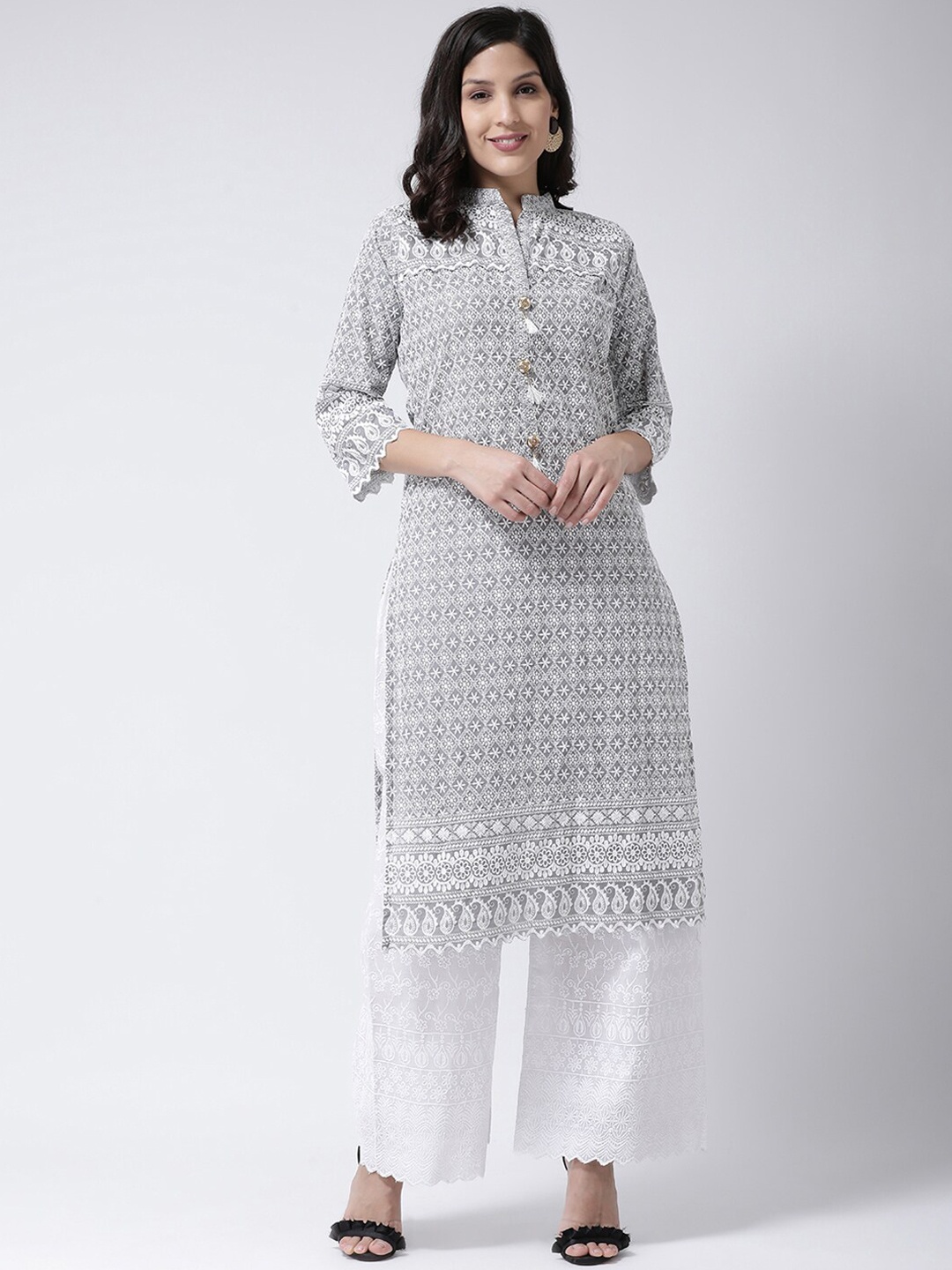 

Charitra Embroidered Mandarin Collar Kurta with Palazzos, Grey