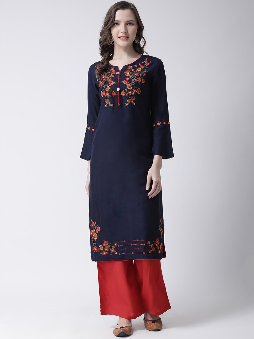 

Charitra Floral Embroidered Kurta With Palazzos, Navy blue