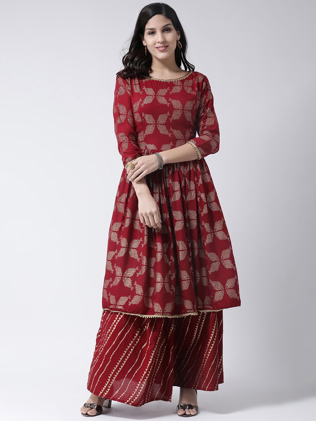 

Charitra Ethnic Motifs Printed Gotta Patti Empire Kurta With Sharara, Maroon