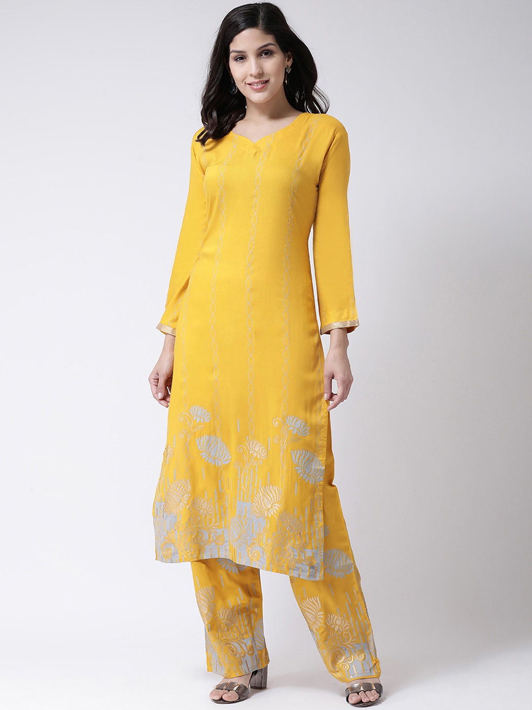 

Charitra V-Neck Ethnic Motifs Printed Kurta with Palazzos, Mustard