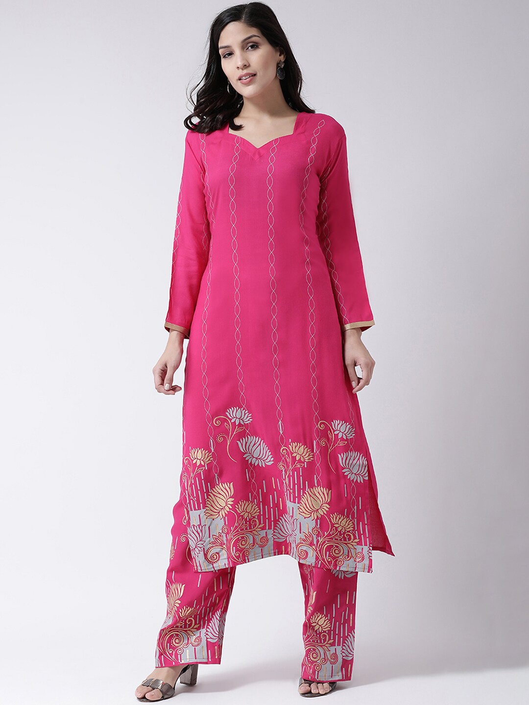 

Charitra Floral Sweetheart Neck Printed Straight Kurta with Palazzos, Pink