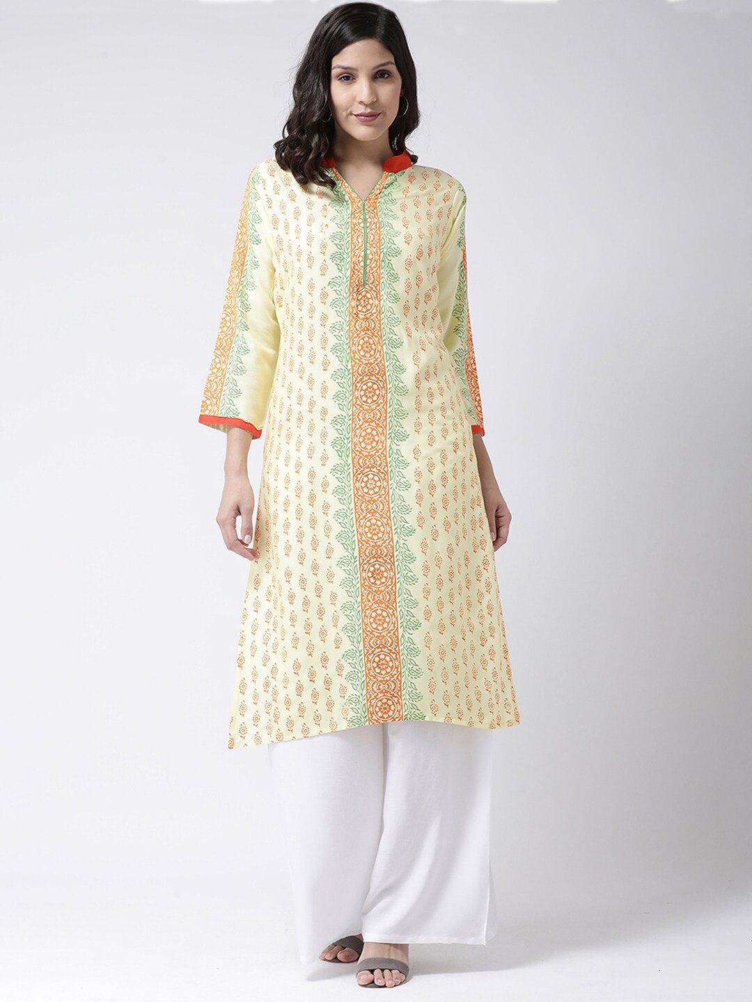 

Charitra Mandarin Collar Ethnic Motifs Printed Kurta with Palazzos, Yellow