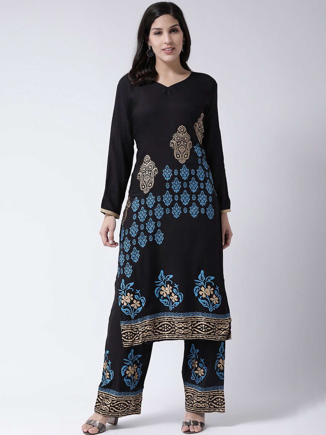 

Charitra V-Neck Ethnic Motifs Printed Kurta with Palazzos, Black