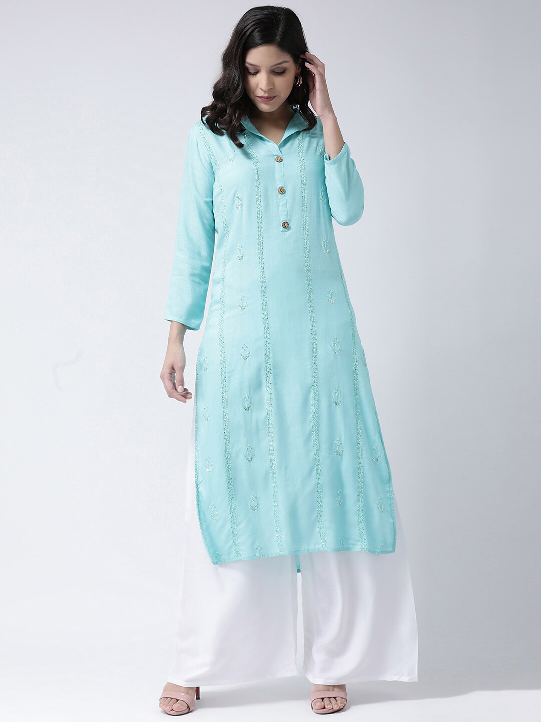 

Charitra Mandarin Collar Embroidered Sequinned Kurta with Palazzos, Blue