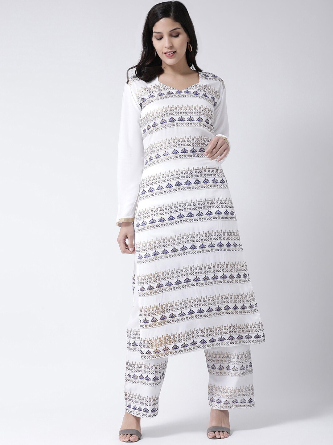 

Charitra Square Neck Ethnic Motifs Printed Straight Kurta With Palazzos, White