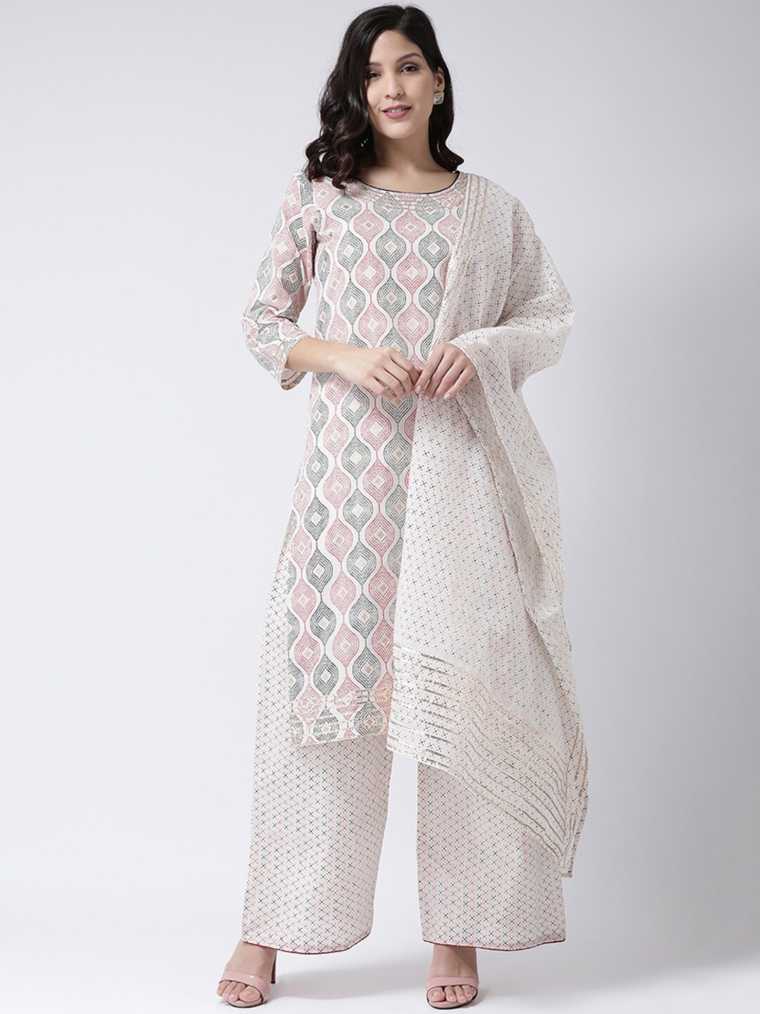 

Charitra Round Neck Ethnic Motifs Printed Gotta Patti Kurta With Palazzos, Cream