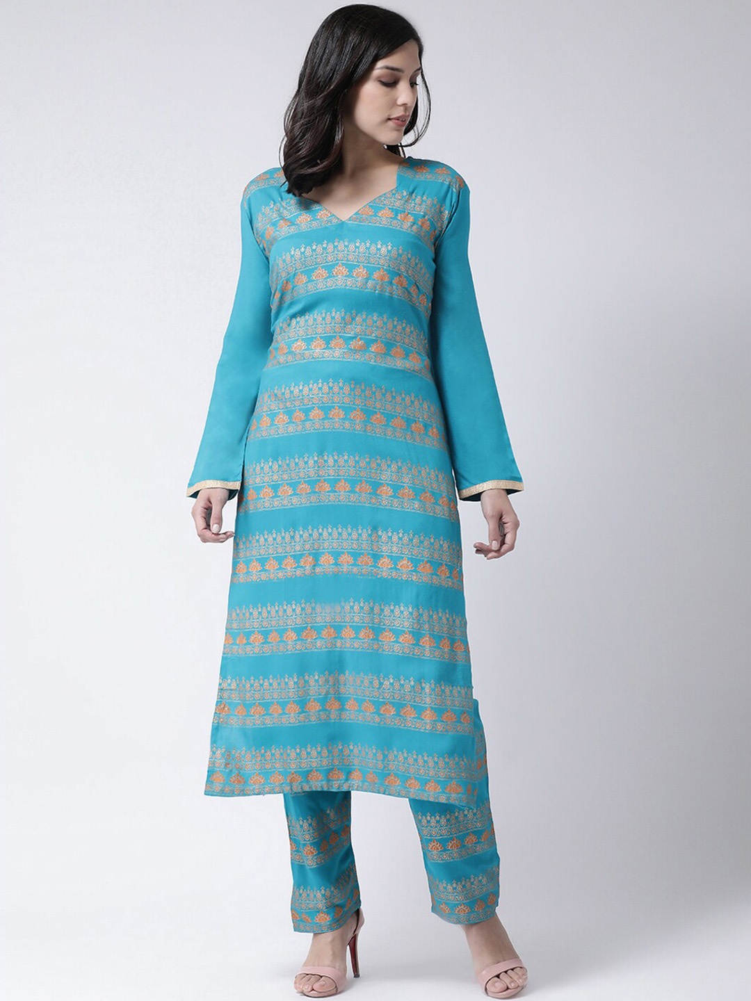 

Charitra Sweetheart Neck Ethnic Motifs Printed Kurta With Palazzos, Turquoise blue
