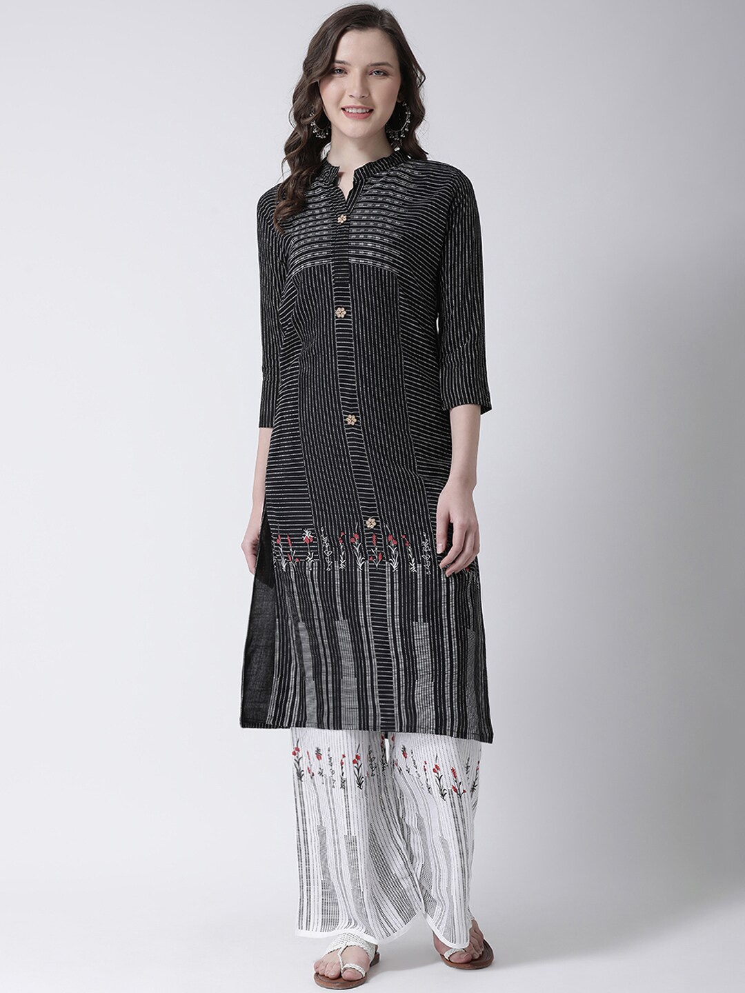 

Charitra Striped Band Collar Straight Kurta with Palazzos, Black