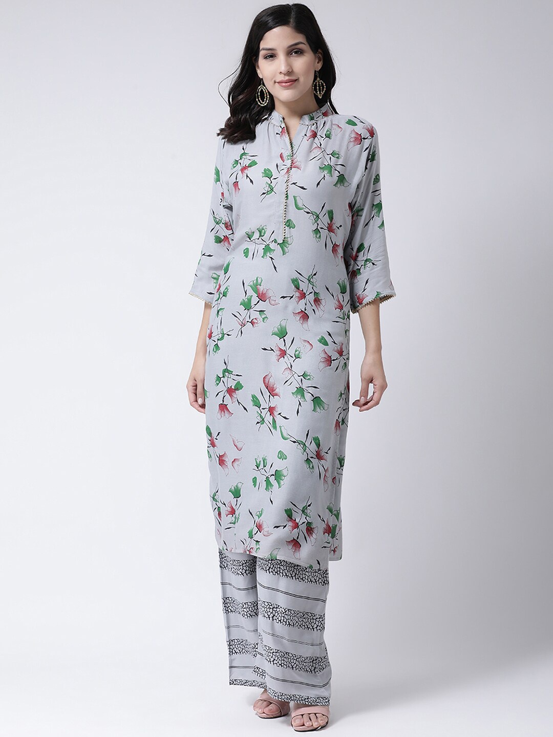 

Charitra Mandarin Collar Floral Printed Kurti with Palazzos, Grey