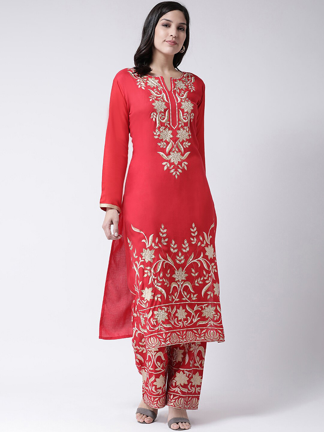 

Charitra Floral Printed Notched Neck Foil Print Long Sleeves Kurta with Palazzos, Red
