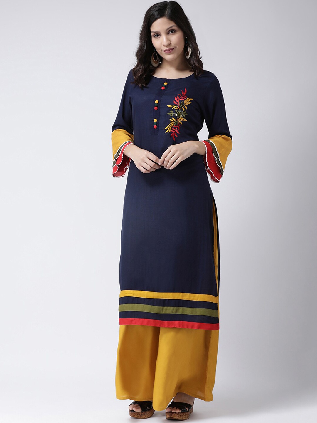 

Charitra Floral Embroidered Bell Sleeves Straight Kurta with Palazzos, Navy blue