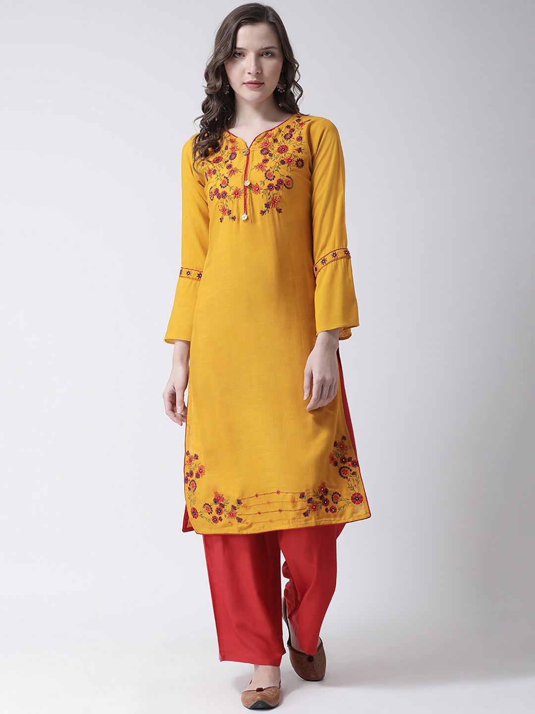 

Charitra Floral Embroidered Bell Sleeves Straight Kurta with Palazzos, Mustard