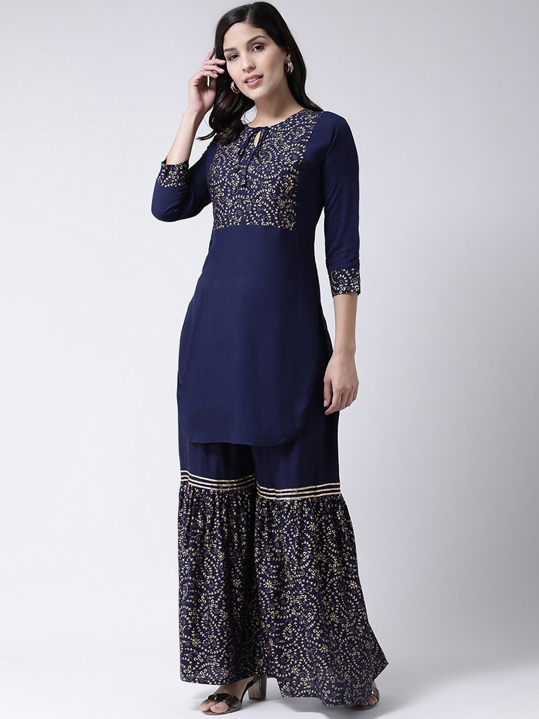 

Charitra Ethnic Motifs Printed Kurti With Sharara, Navy blue