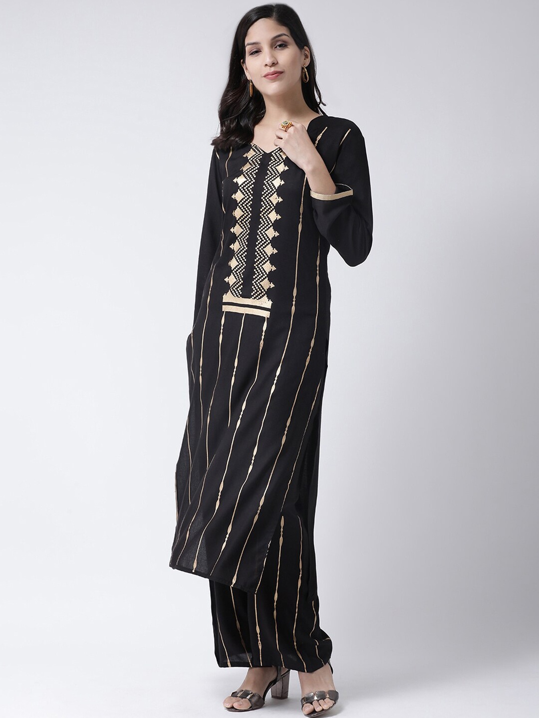 

Charitra Striped Kurta With Palazzos, Black
