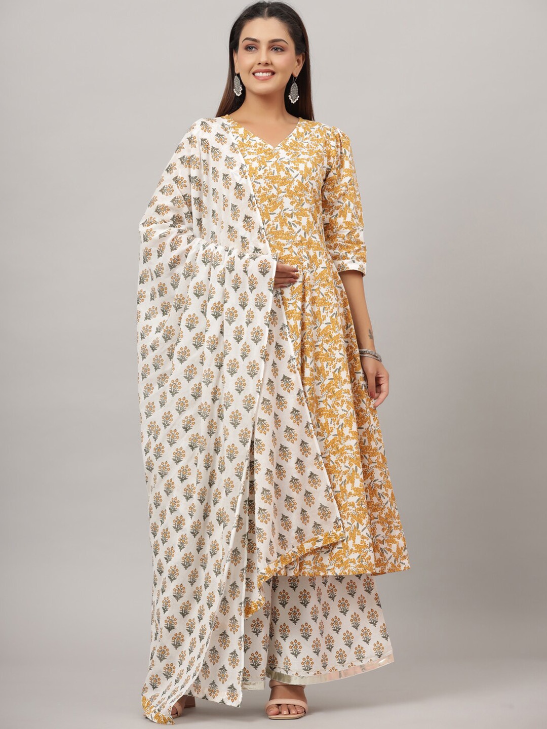 

CRAFTED FOR YOU Floral Printed Pure Cotton Kurta With Palazzos & Dupatta, Yellow