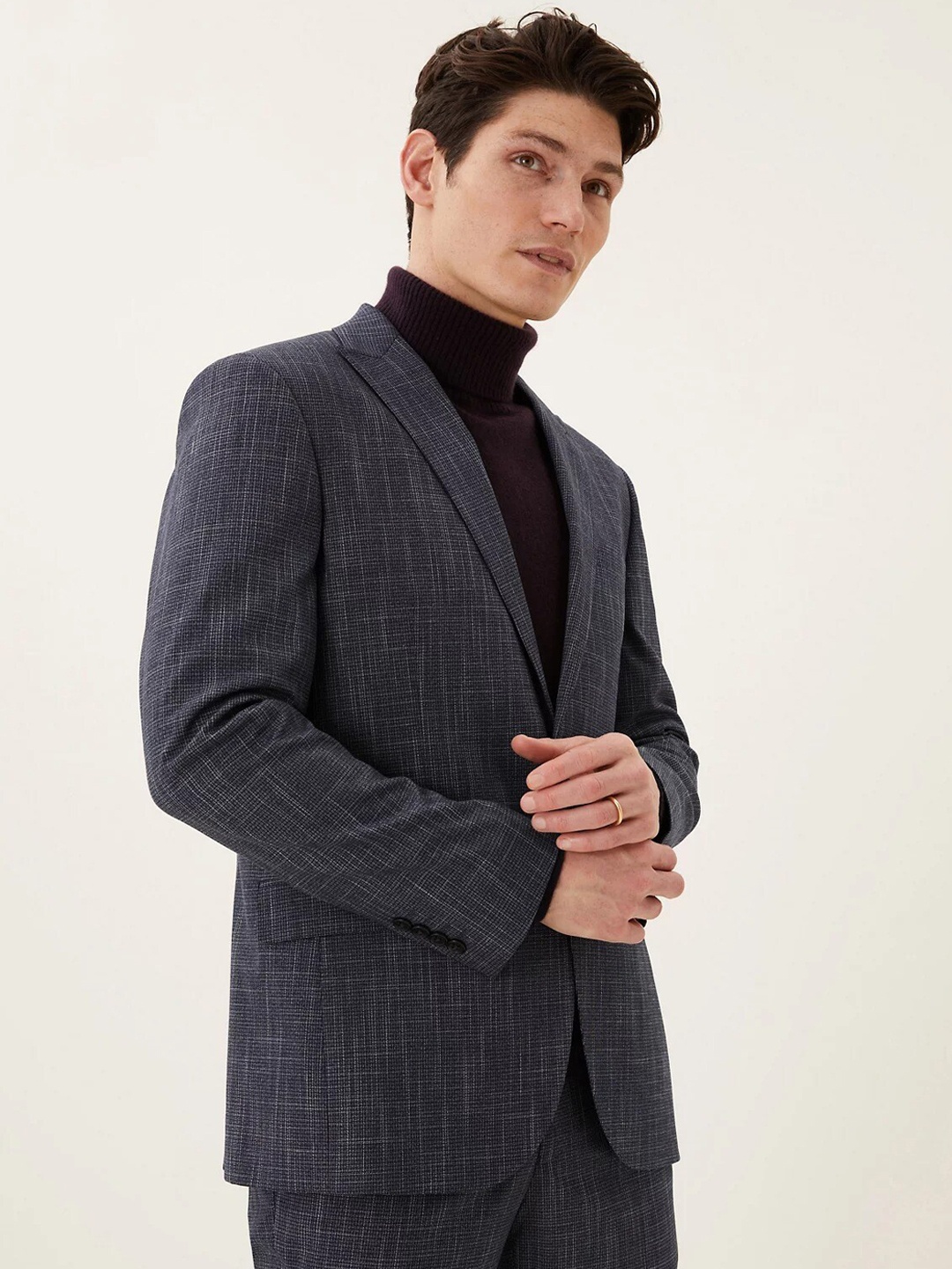 

Marks & Spencer Self Design Tailored-Fit Single-Breasted Formal Blazer, Navy blue