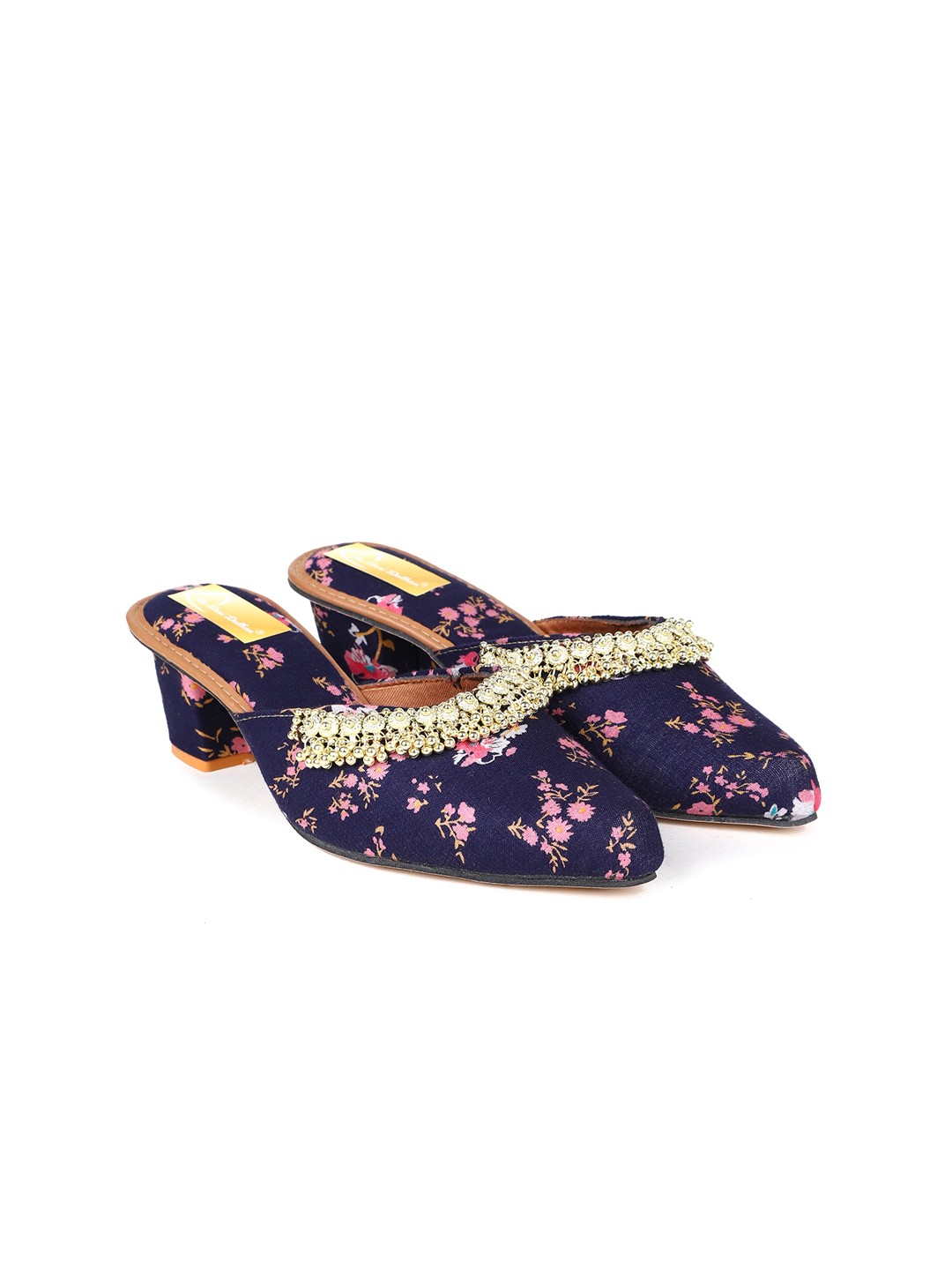 

The Desi Dulhan Printed Embellished Ethnic Block Mules, Navy blue