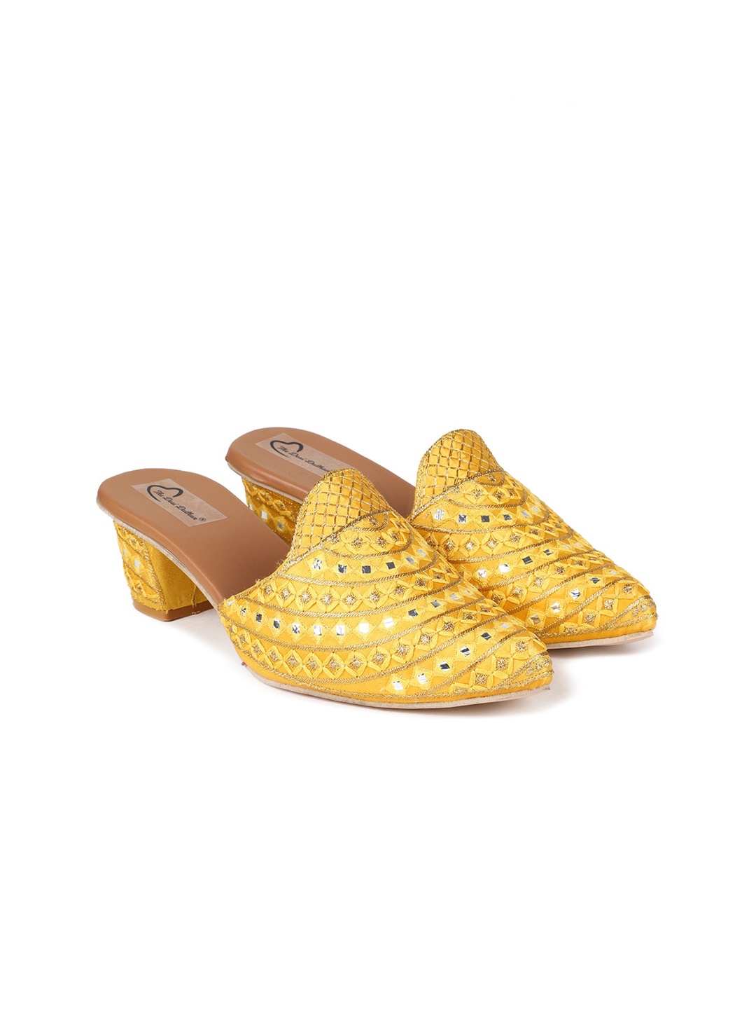 

The Desi Dulhan Embroidered Pointed Toe Block Mules, Yellow