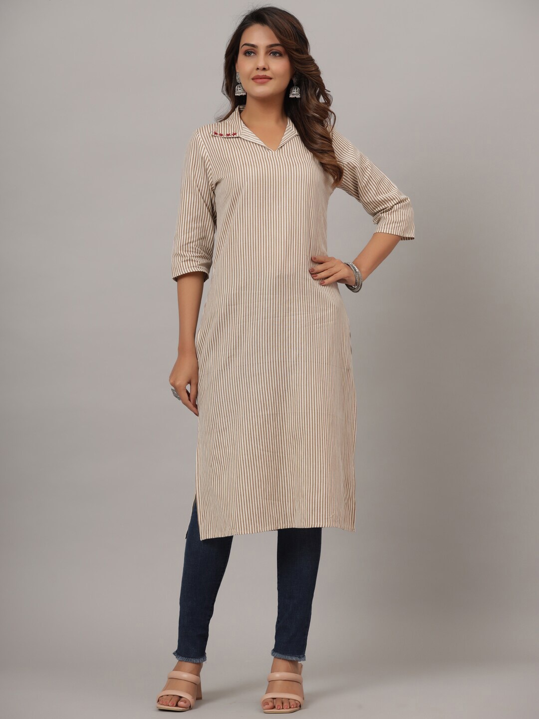 

CRAFTED FOR YOU Women Stiped Cotton Shirt Collar Straight Kurta, Off white