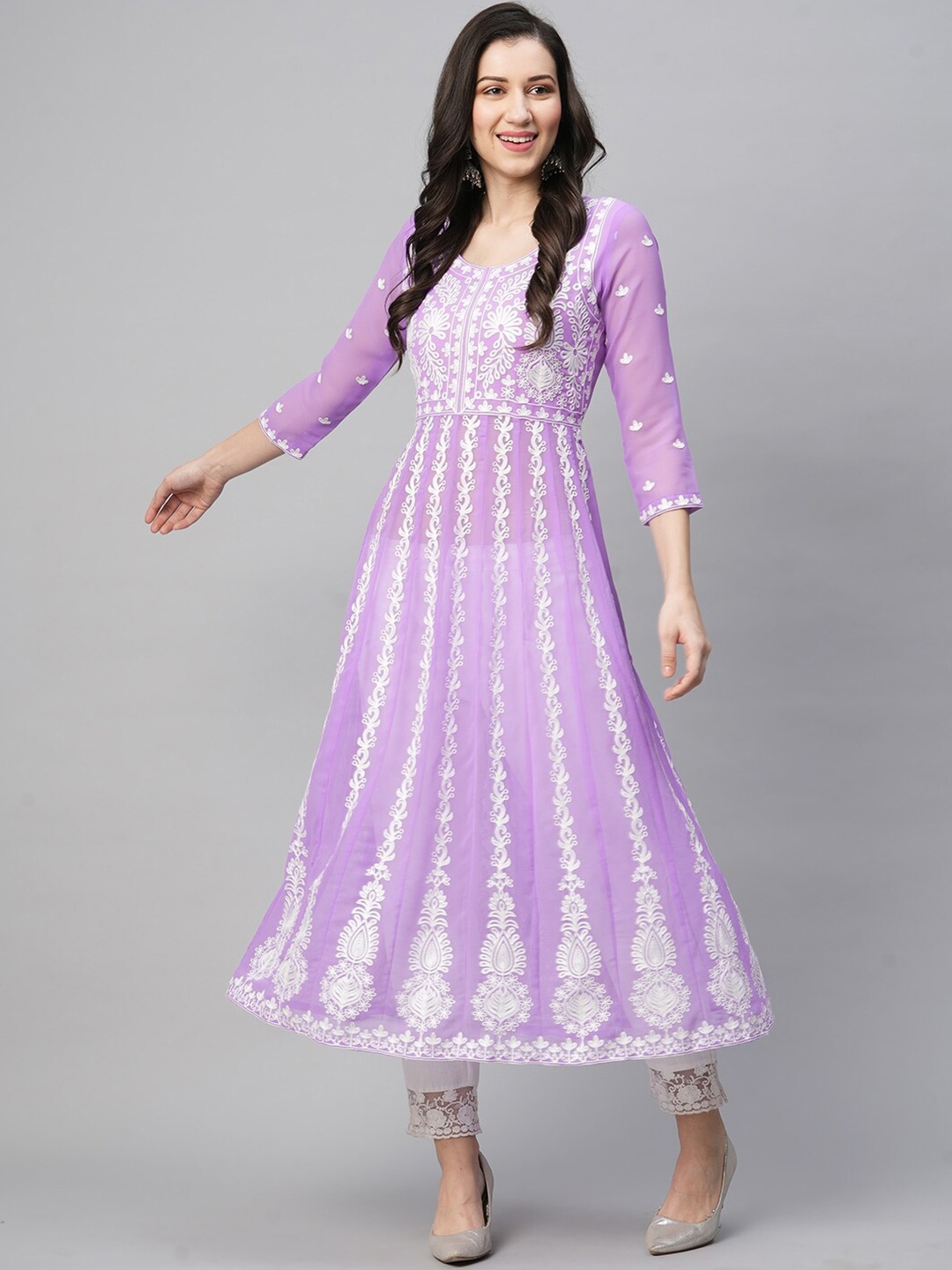 

KALINI Ethnic Motifs Embroidered Chikankari Georgette Kurta, Purple