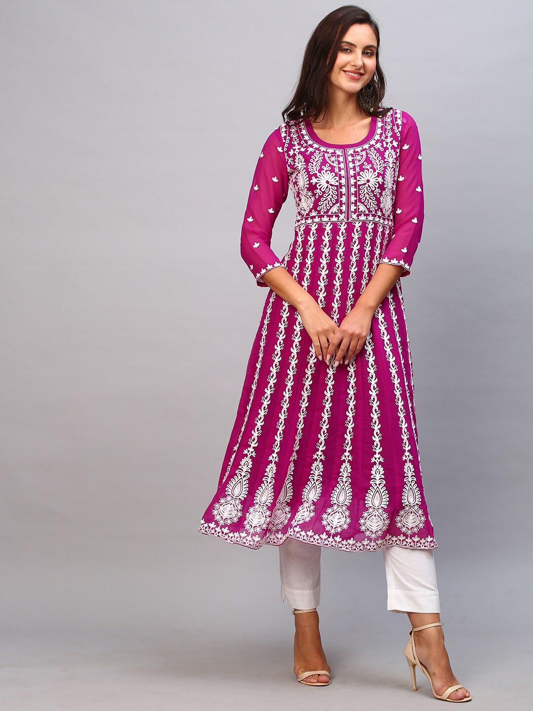 

KALINI Women Floral Embroidered Chikankari Georgette Anarkali Kurta, Pink