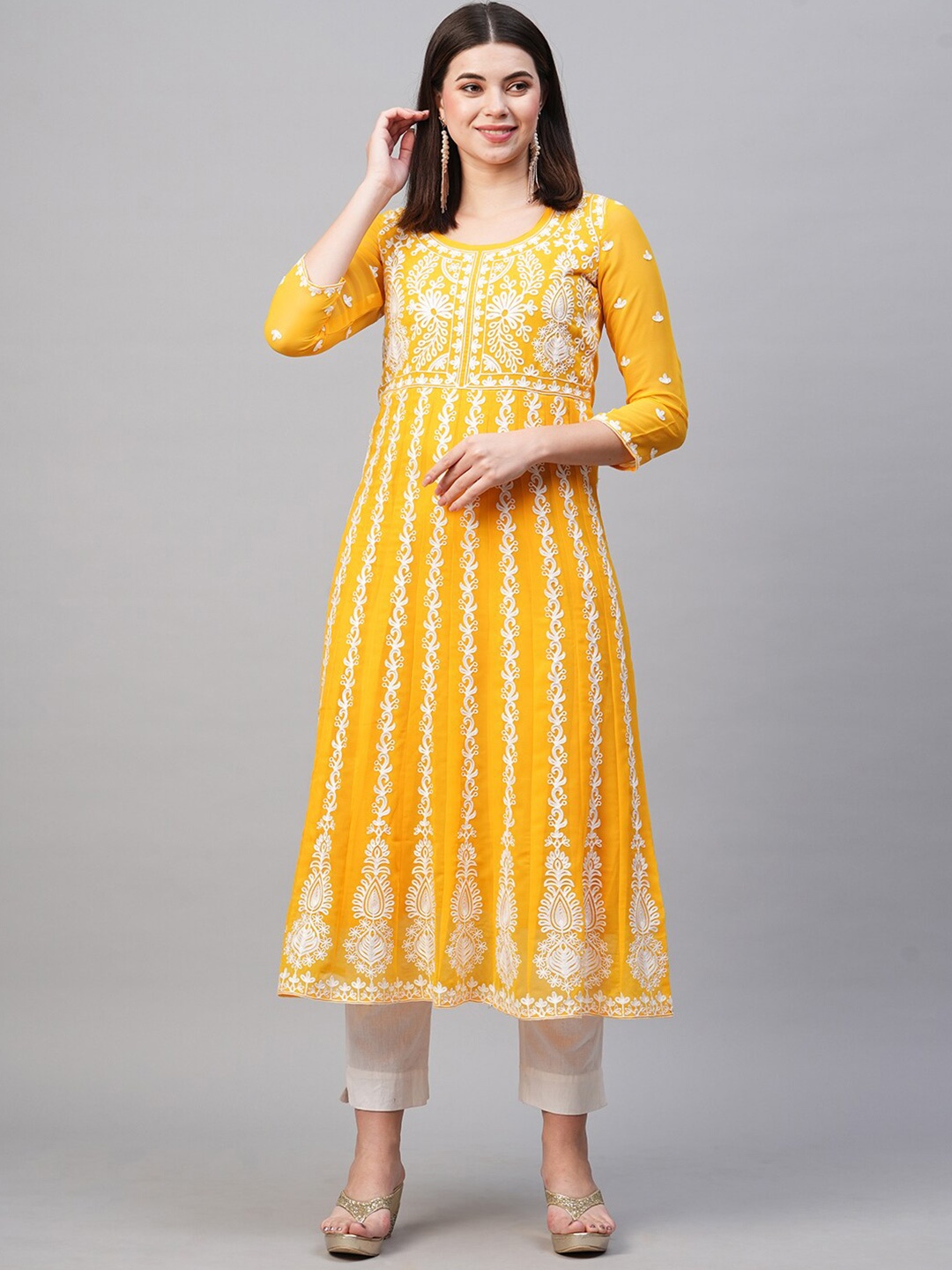 

KALINI Ethnic Motifs Embroidered Georgette Anarkali Kurta, Yellow