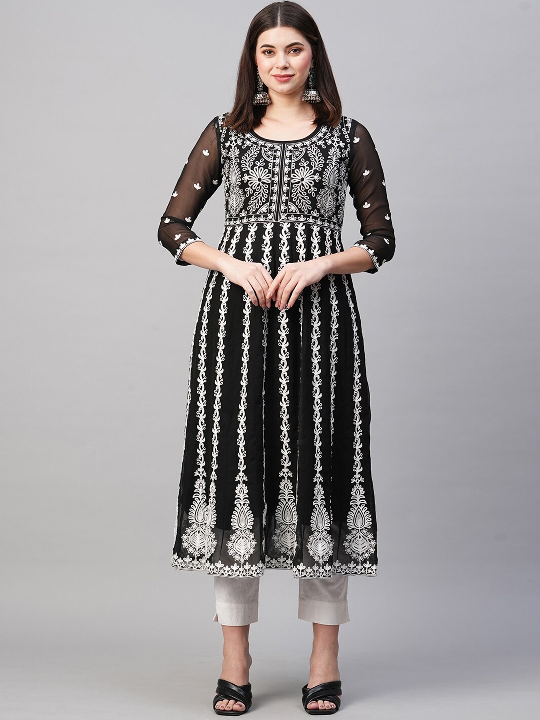 

KALINI Embroidered Georgette Round Neck Chikankari Anarkali Kurta, Black