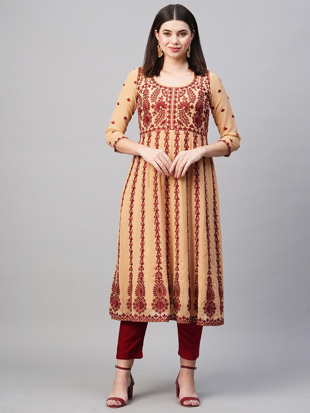 

KALINI Women Floral Embroidered Chikankari Georgette Anarkali Kurta, Mustard