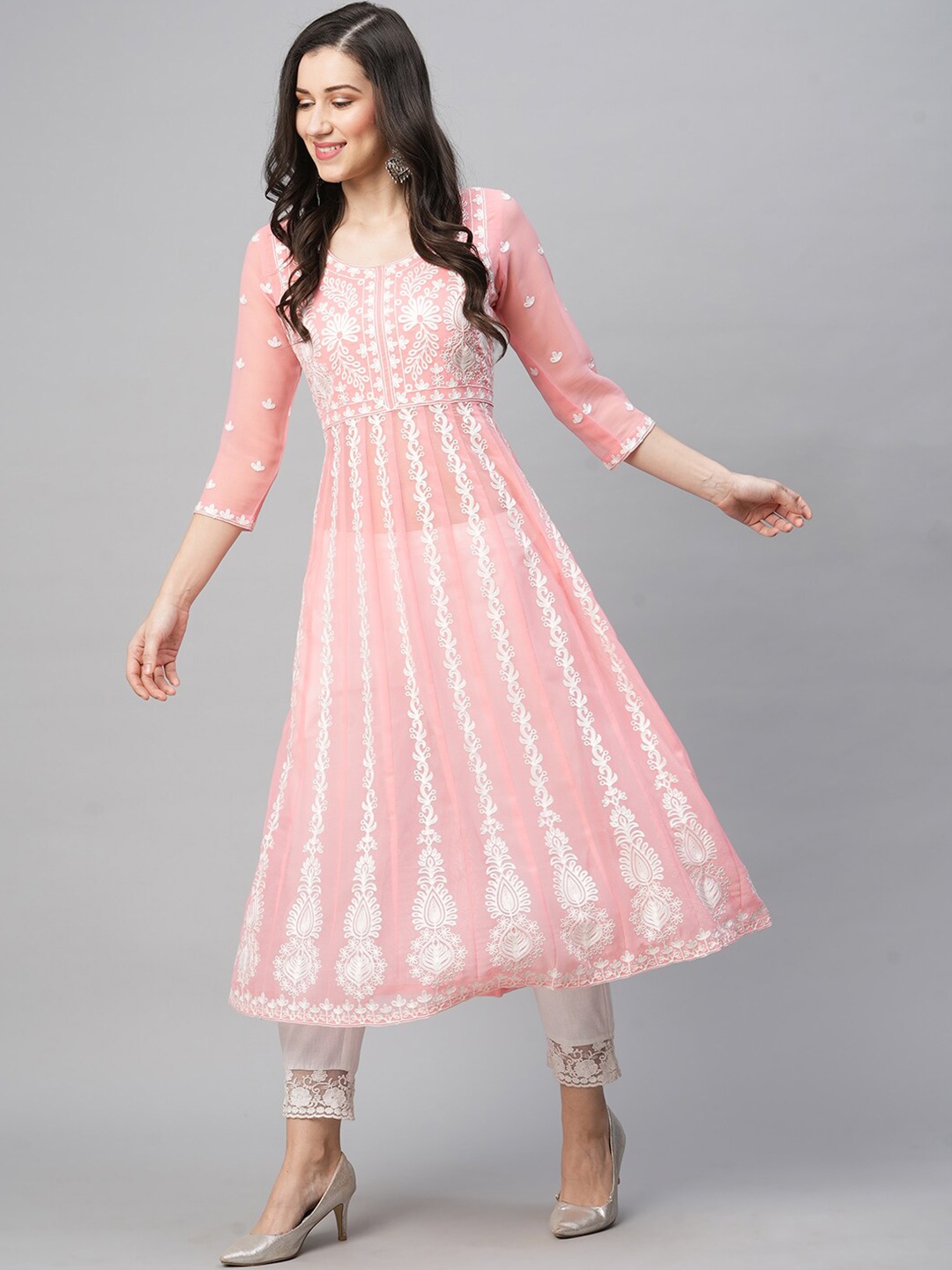 

KALINI Women Floral Embroidered Chikankari Georgette Anarkali Kurta, Pink