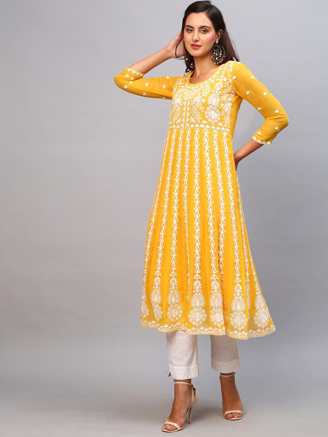 

KALINI Ethnic Motifs Chikankari Georgette Kurta, Yellow