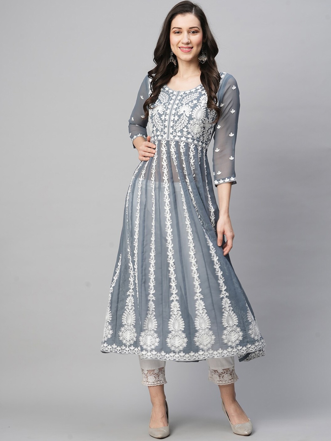 

KALINI Embroidered Georgette Round Neck Chikankari Anarkali Kurta, Grey