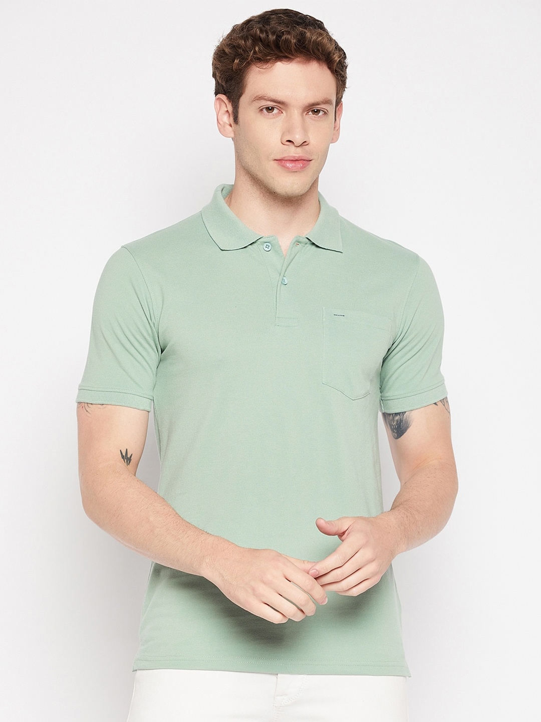

Okane Polo Collar Chest Pocket Cotton T-shirt, Green